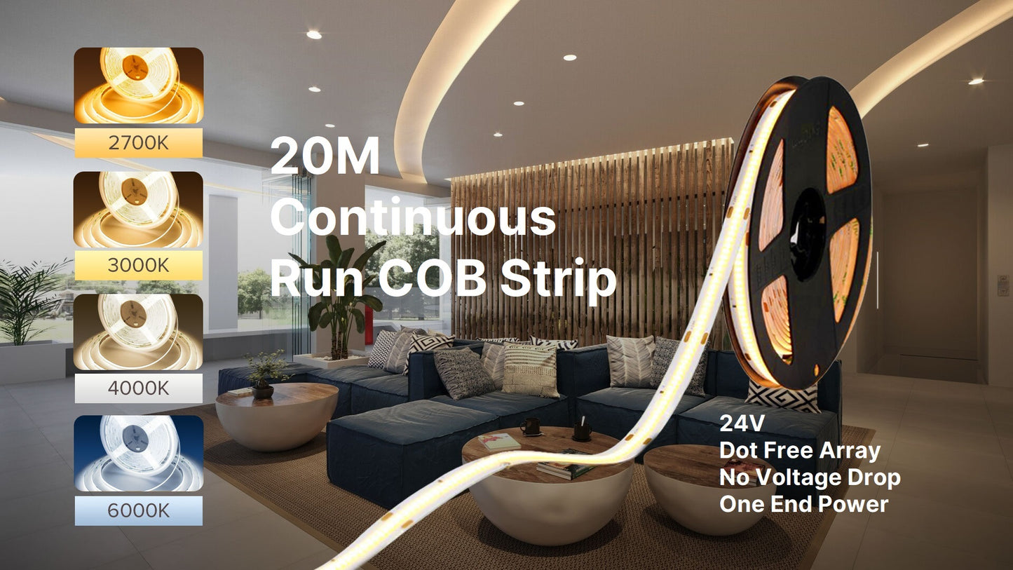 Super Long 20 Meters continuous run LED COB strip with built in IC. No Voltage Drop, powered on one end. Perfect for luxury homes coving lights!