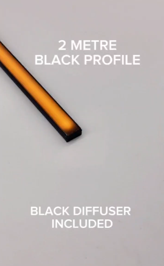 1 / 2MTR Black Flat Aluminium Profile including frosted / black diffuser, end caps, mounting clips #blackprofile #profile #ledstriplights
