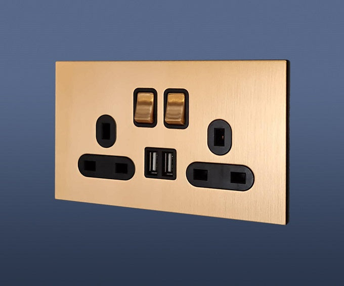 Screwless Brushed Brass / Matt Gold Double Plug Switched Socket 2 Gang 13 Amp DP with 2 USB Point