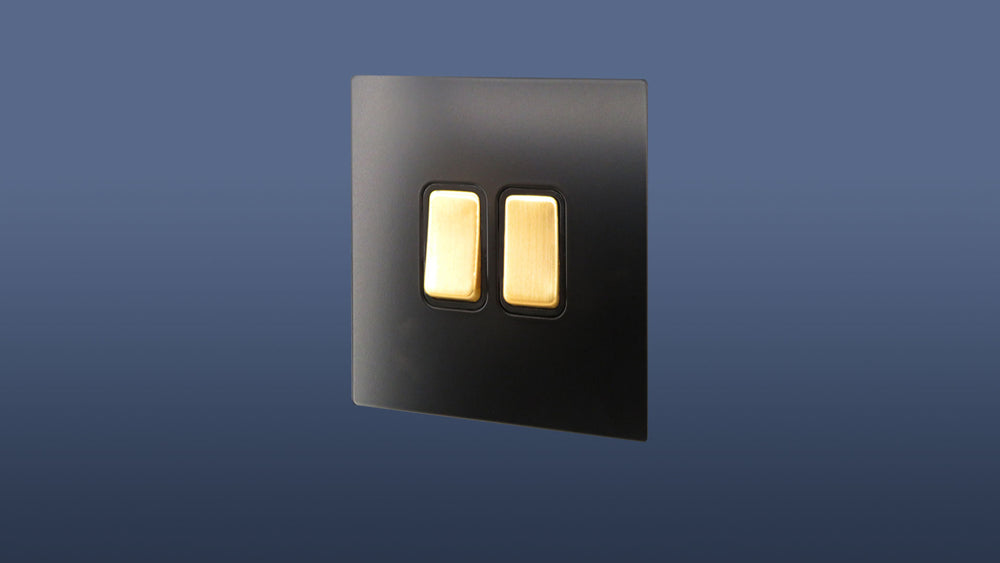 Matt Black Plate Gold Switched 2 Gang 2 Way Rocker Light Switch