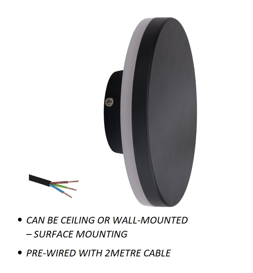 
                  
                    12W Black Round Backlit LED Interior / Exterior Outdoor Wall Light, IP65, 1.5M Pre-wired cable
                  
                