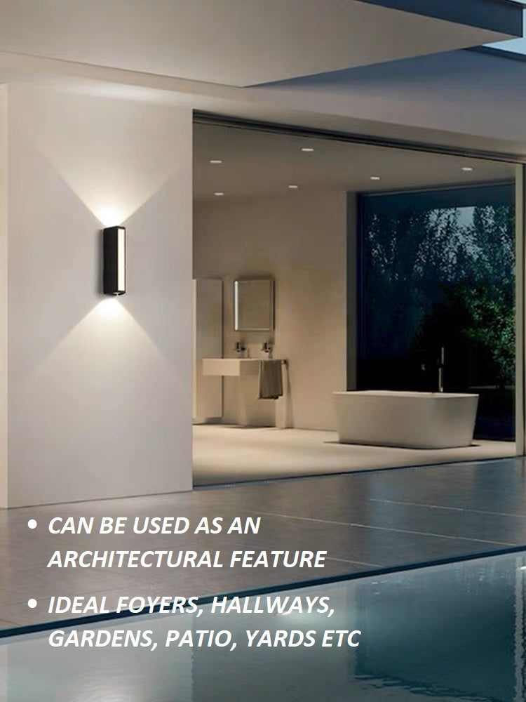 12W LED Interior / Exterior Wall Light Up Down Front Opal Diffuser IP65 Black Aluminum, 1.5M Pre-wired cable