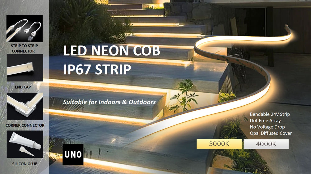 
                  
                    Bespoke Cut IP67 NEON COB 3000K Warm White / 4000K Cool White Outdoor Top Bend Low Profile Diffuse/Opal Waterproof Sleeve Strip, 24V Constant Voltage
                  
                