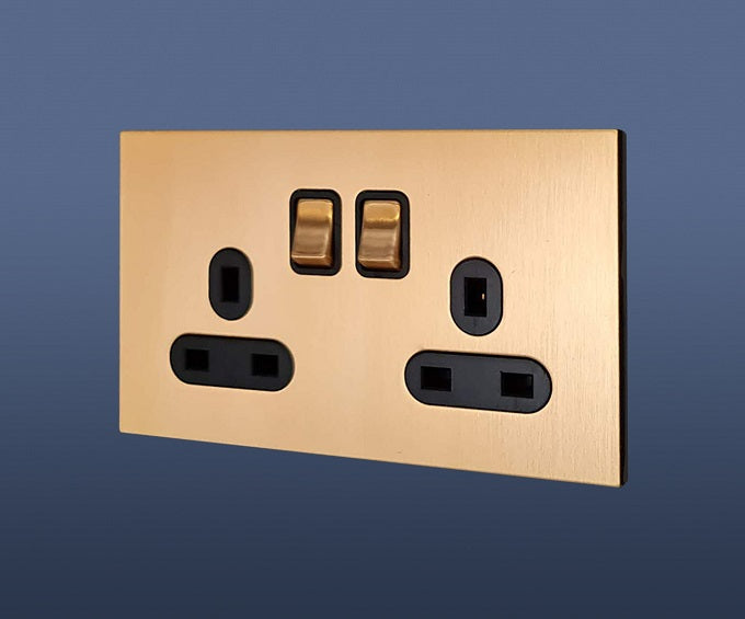Screwless Brushed Brass / Matt Gold Double Plug Switched Socket 2 Gang ...