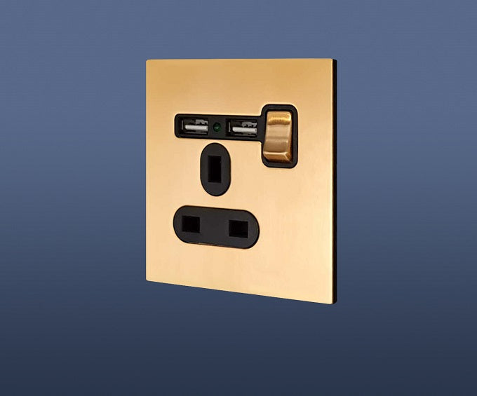 Screwless Brushed Brass / Matt Gold Switched Single Plug Socket 1 Gang 13 Amp DP with 2 USB Point