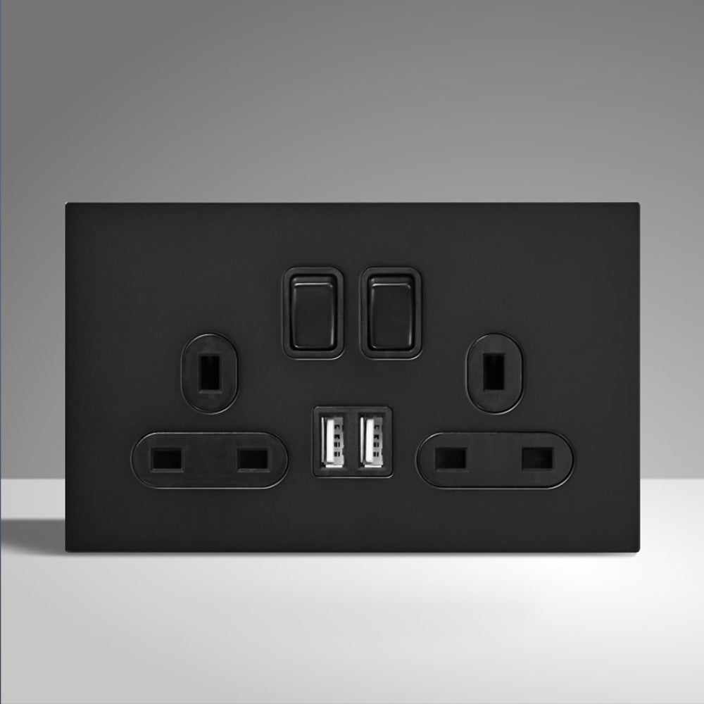 Screwless Matt Black Finish Double Plug Switched Socket 2 Gang 13 Amp DP with 2 USB Point
