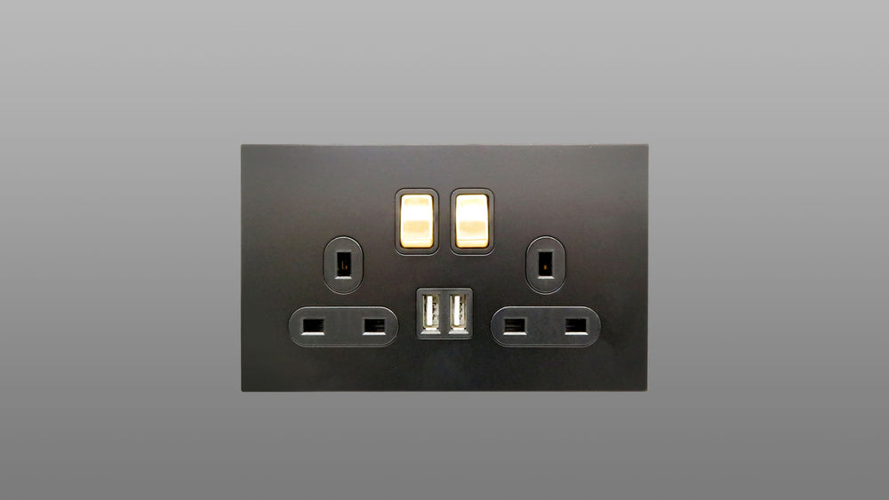 Screwless Matt Black Plate Gold Switched Double Plug Socket 2 Gang 13 Amp DP with 2 USB Point