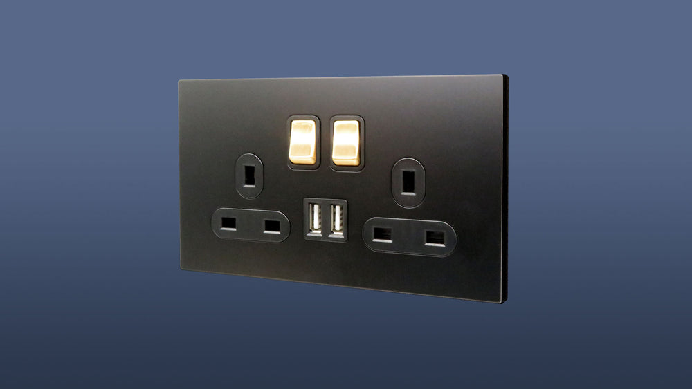 Screwless Matt Black Plate Gold Switched Double Plug Socket 2 Gang 13 Amp DP with 2 USB Point