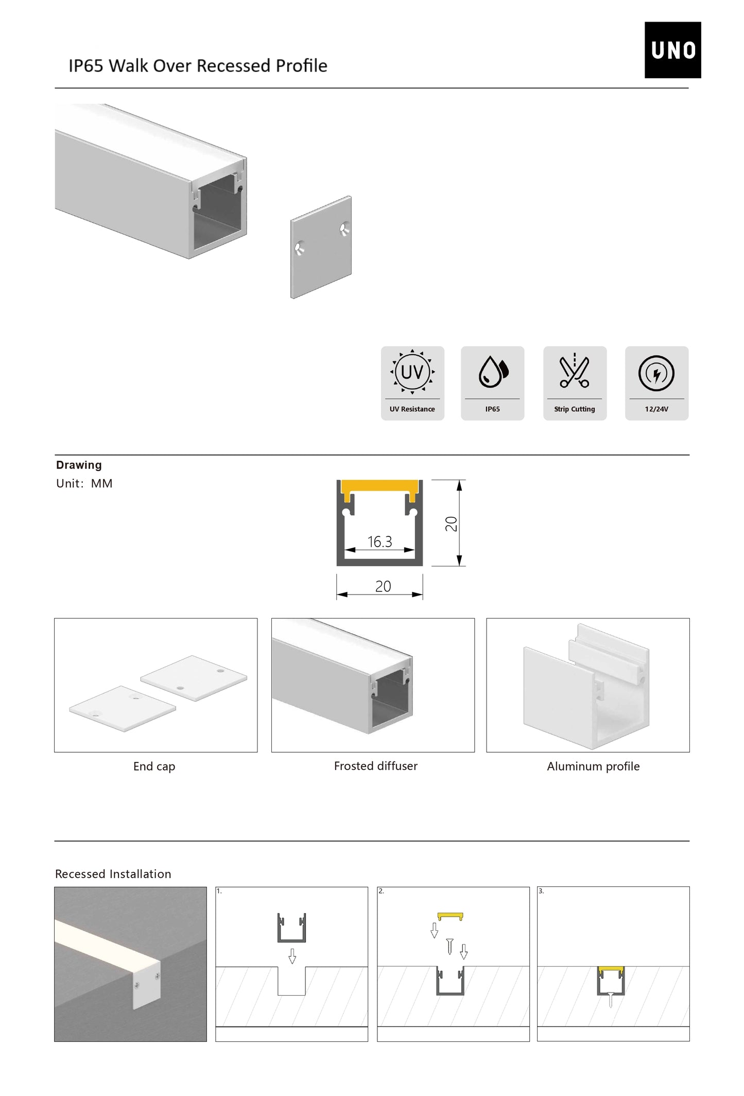 
                  
                    1 Metre IP65 Walk Over Recessed Profile W20 x D20 Include End Caps & Frosted Diffuser
                  
                