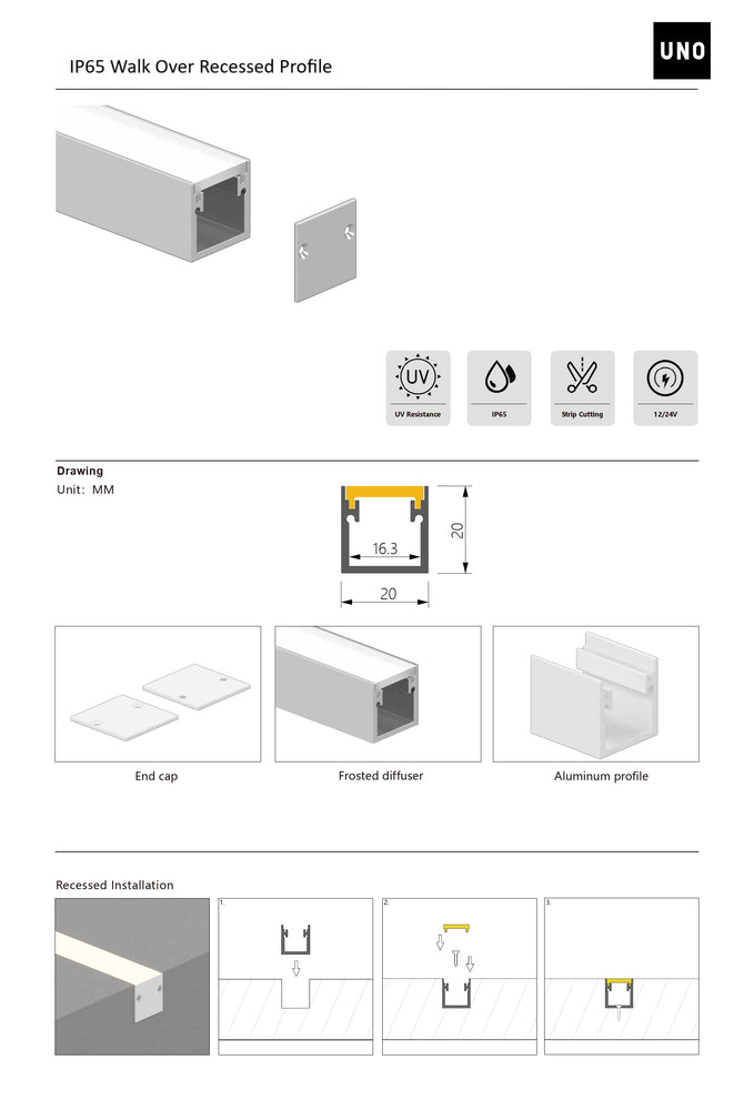 
                  
                    2 Metres IP65 Walk Over Recessed Profile W20 x D20 Include End Caps & Frosted Diffuser
                  
                