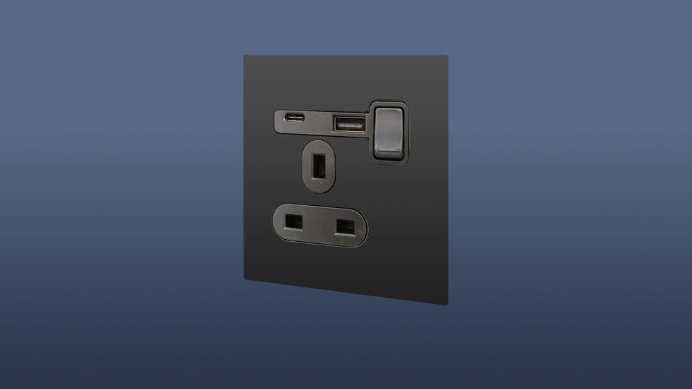 Screwless Matt Black Finish Single Plug Switched Socket 1 Gang 13 Amp DP with USB and USBC Point