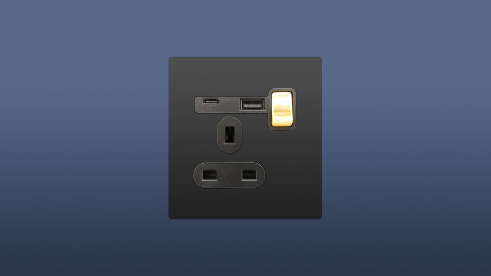 Screwless Matt Black Plate Gold Switched Single Plug Socket 1 Gang 13 Amp DP with USB and USBC Point