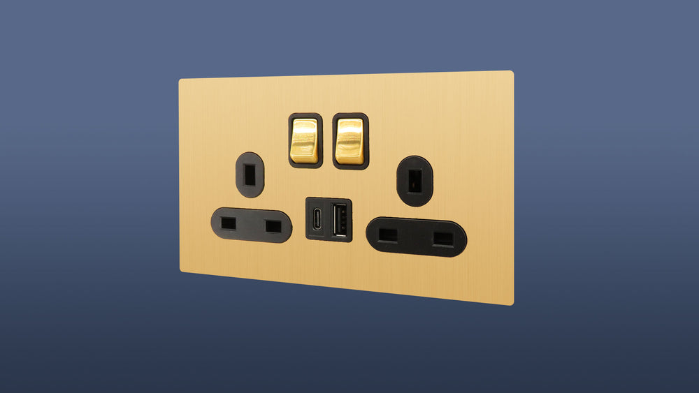 Screwless Brushed Brass / Matt Gold Double Plug Switched Socket 2 Gang 13 Amp DP with USB and USBC Point