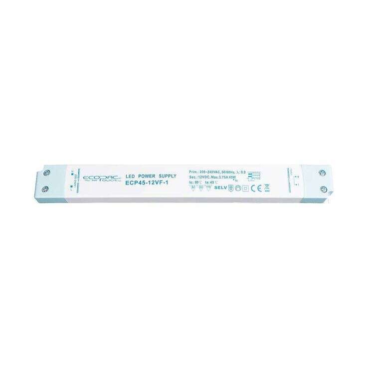 Slim Line 45W 24V Constant Voltage Non-Dimmable Driver for LED Strip, IP20 Rated, Compact Dimensions: 251x 30x 16mm