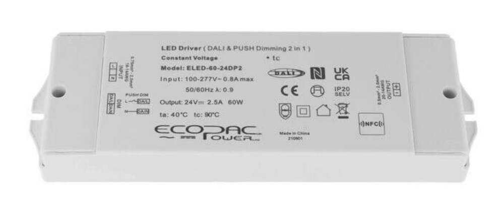 60W 240V DALI2 Mains Dimmable LED Driver - For 24V LED Strips, Compatible with Leading Edge or Trailing Edge Dimmers DALI & DALI2 Dimming