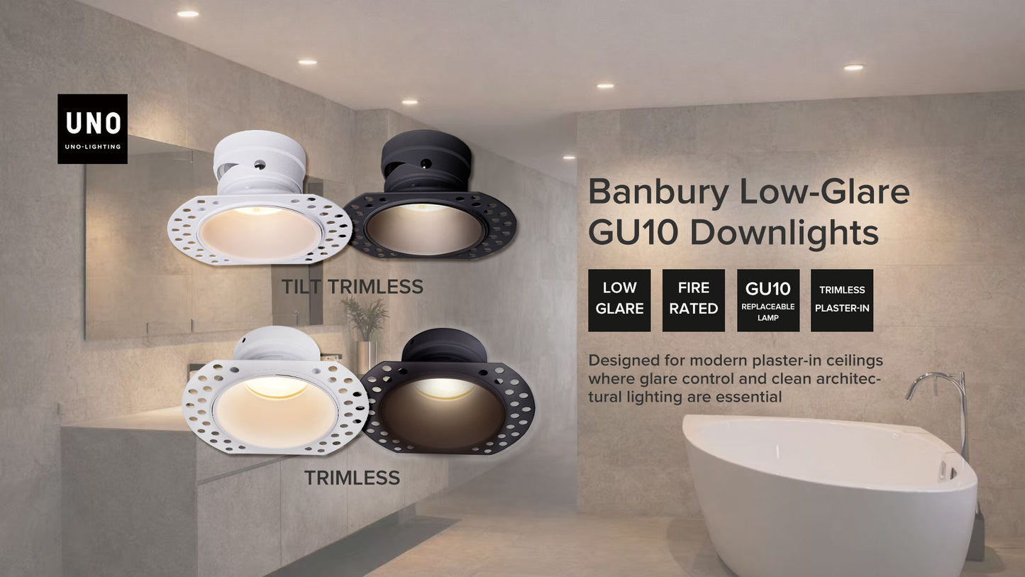 
                  
                    Banbury Trimless Plaster-In Fire Rated IP65 Fixed Downlight, Includes GU10 Socket & Junction Box
                  
                
