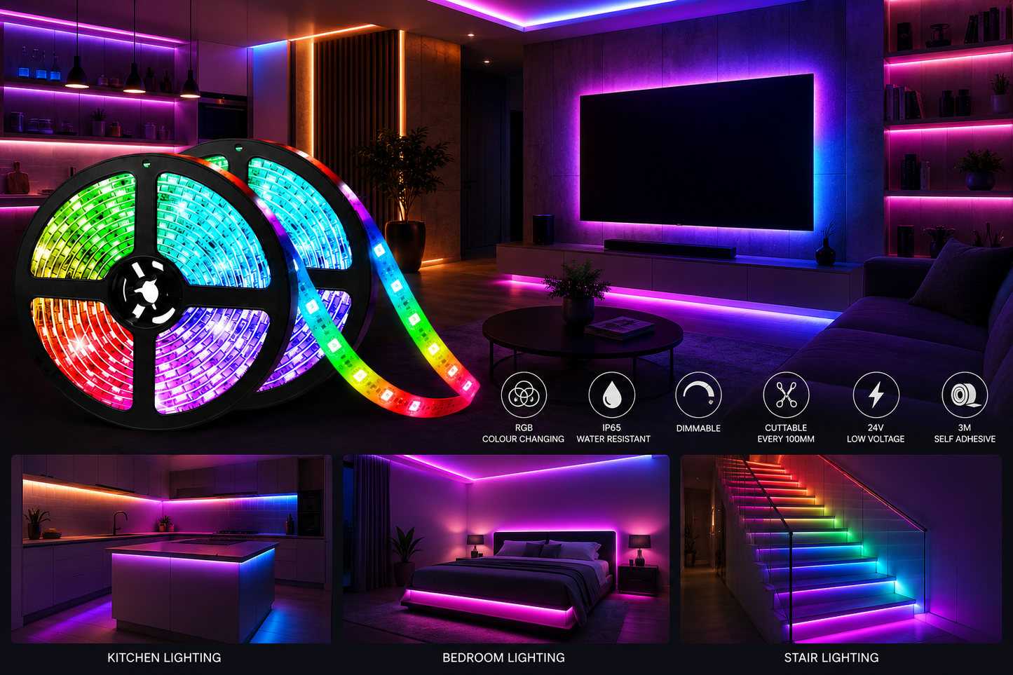
                  
                    30 Meters Reel IC RGB LED Strip IP65 Rated, 12W, 24V, 380lm/M, Width 10mm, Vibrant Colors
                  
                