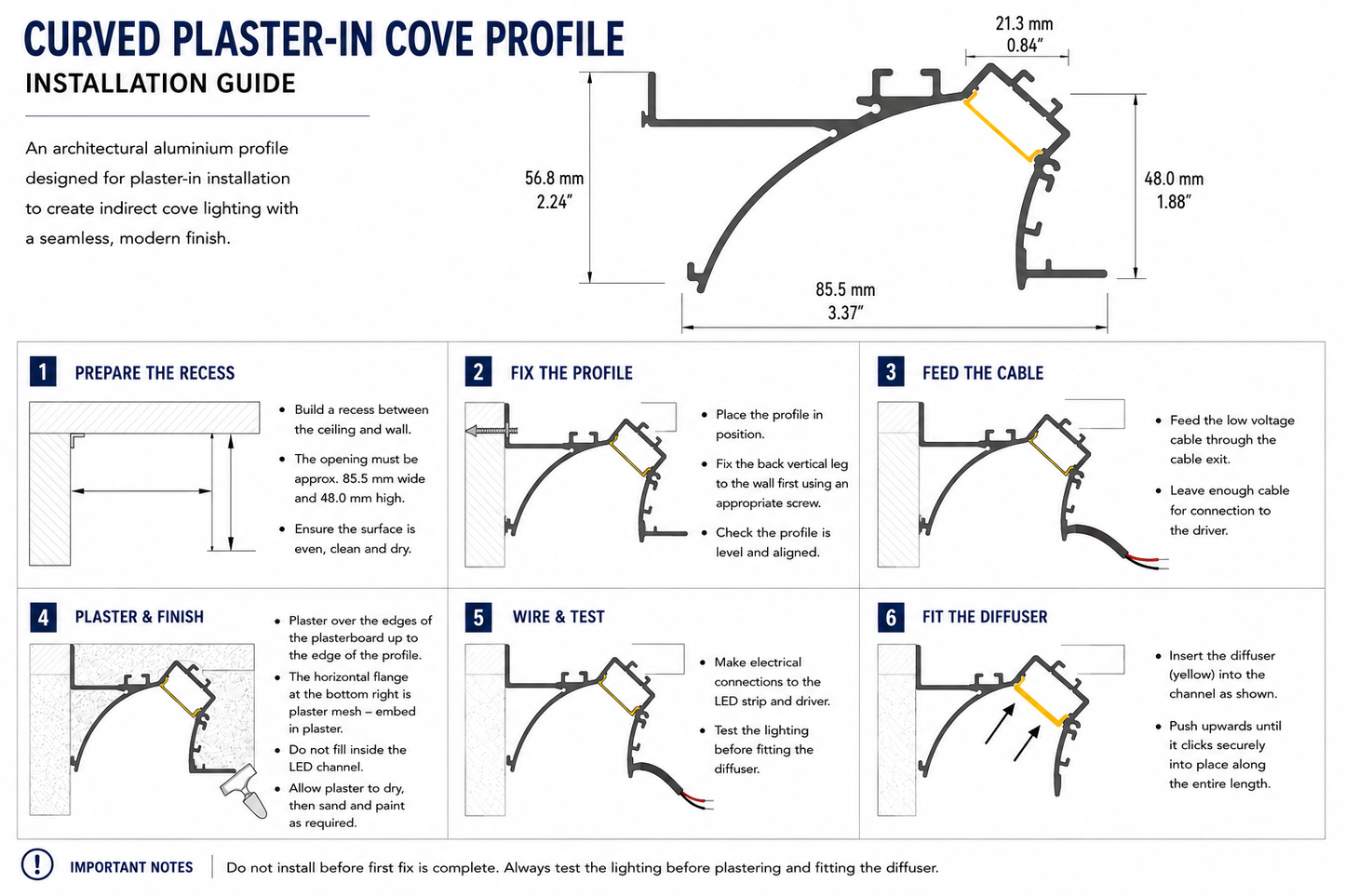 
                  
                    85.5 x 56.7mm Plaster-In Cove Profile White with Opal PC Diffuser - 2m - Internal Width 21.3mm
                  
                