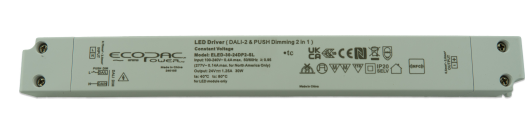 30W 240V DALI2 and Push Mains Dimmable SLIM LED Driver - For 24V LED Strips, Compatible with Leading Edge or Trailing Edge Dimmers DALI & DALI2 Dimming.
