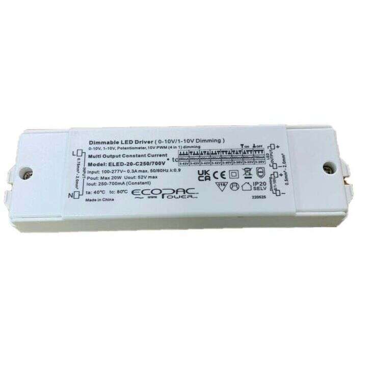 20W 1-10V Dimmable Constant Current LED Drivers, Adjustable Current Output (250-700mA) via Dip Switch, 0/1-10V Dimming Control