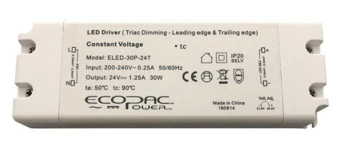 30W 240V Mains Triac Dimmable Drivers Ideal for 24V LED Strips, Compatible with Leading Edge or Trailing Edge Dimmers
