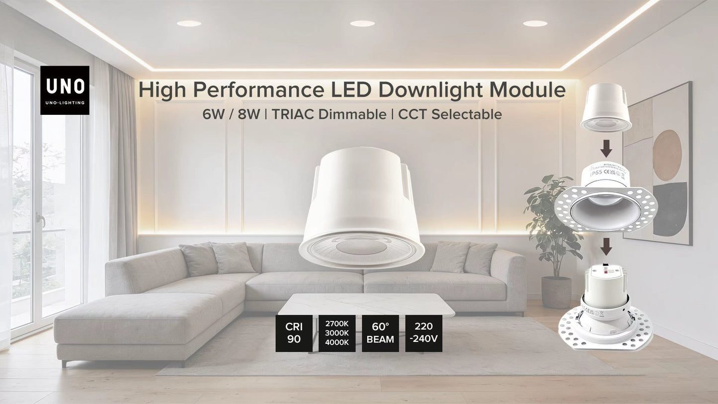 
                  
                    6W / 8W Dimmable LED Downlight Module – CCT 2700K, 3000K, 4000K – Driver & Connectors Included
                  
                