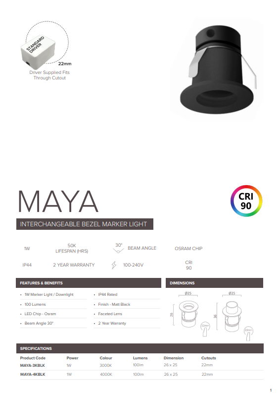 
                  
                    1W Maya Marker Light LED Marker, Plinth, Cabinet, Step Light - Black (Non Dimmable Driver Included)
                  
                