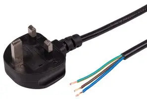 UK Mains Plug with 5A Fuse to Bare Ends Mains Lead, 0.75mm, 2m, Black or White