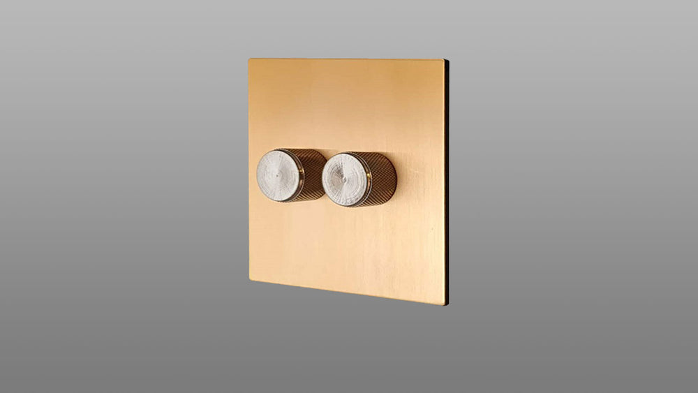 2 Gang Stainless Steel Knurled Dimmer Switch with French Brushed Brass / Matt Gold Plate
