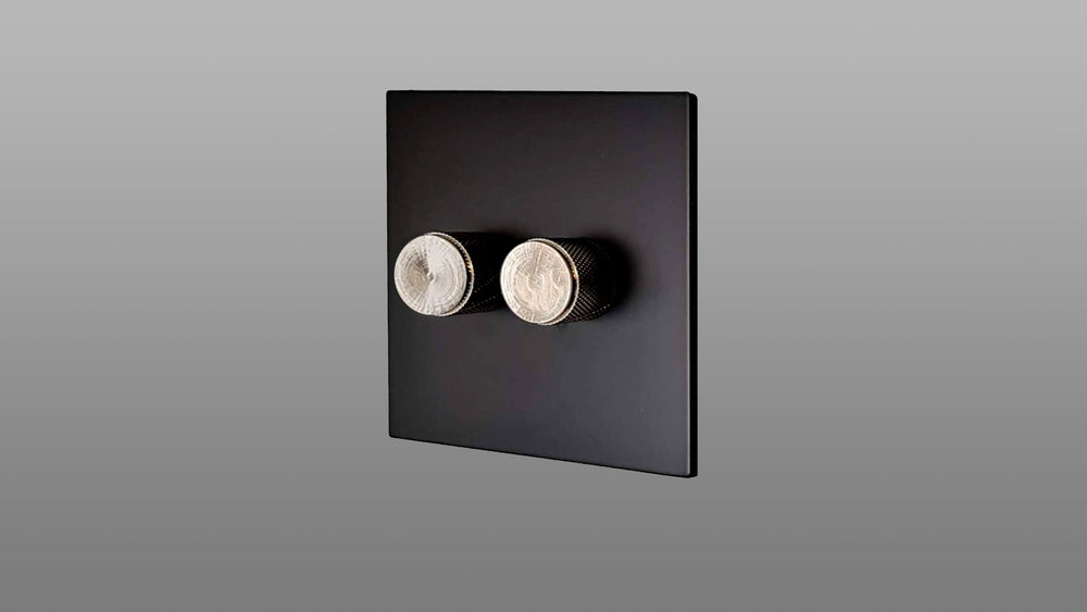 2 Gang Stainless Steel Knurled Dimmer Switch with Matt Black Plate
