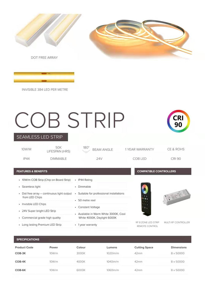 
                  
                    New Spot Free / Seamless Light LED COB Strip 5 Meters IP44 10W 3000K Warm White
                  
                