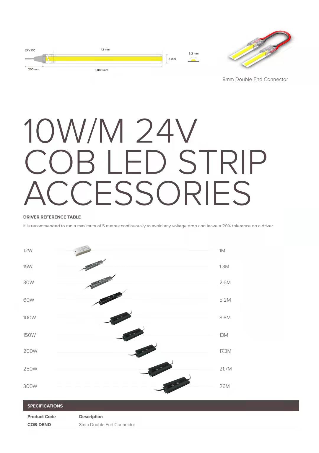 
                  
                    5 Metre Spot Free / Seamless 24V Light LED COB Strip  IP44 8W 3000K Warm White
                  
                