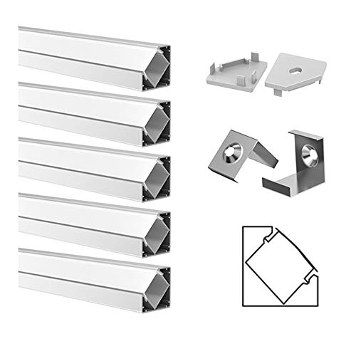 5 Pack of 2 Meters LED Corner Aluminum Profile, LED Diffuser, Led Profile Channel for LED Strip Lights with Frosted Cover