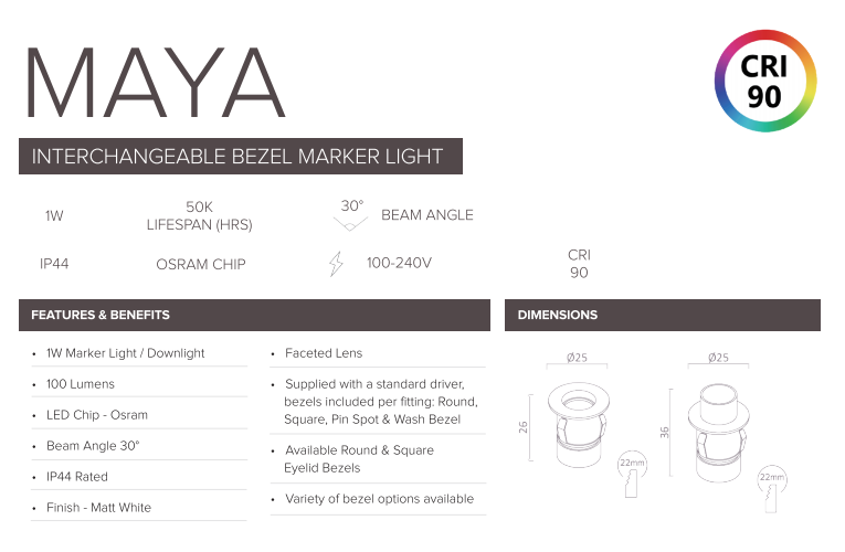 1W Maya Marker Light LED Marker, Plinth, Cabinet, Step Light - White (Non Dimmable Driver Included)